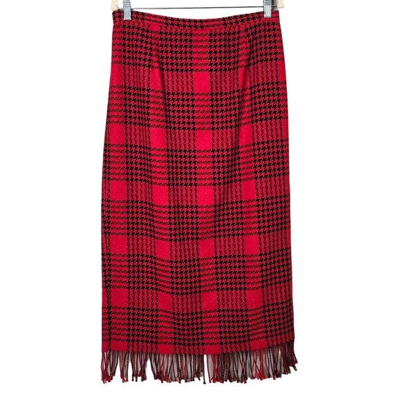 Vintage Red & Black Plaid Wool Blend Maxi Skirt Fringe Hem Preppy Librarian Offi - Picture 1 of 10